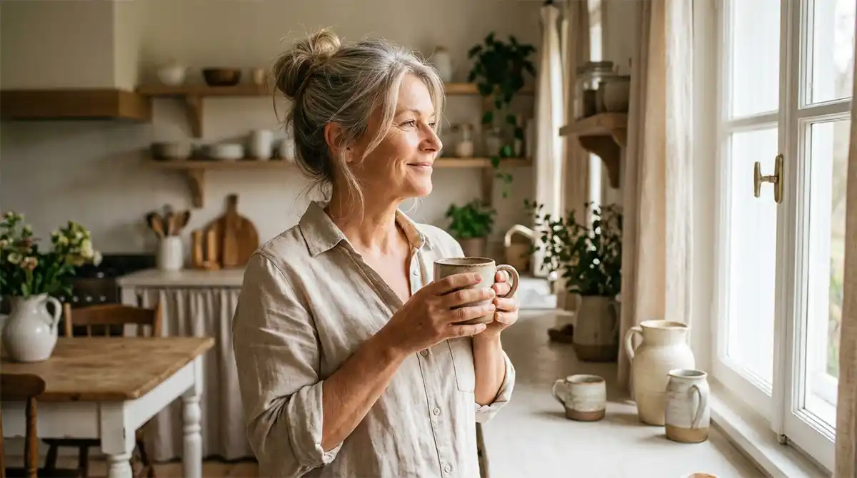 A woman smiles while holding a coffee mug in a sunny kitchen