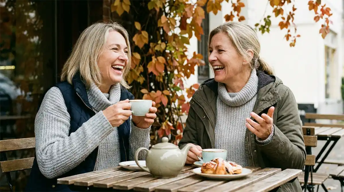 Two friends laugh together over tea at an outdoor cafe